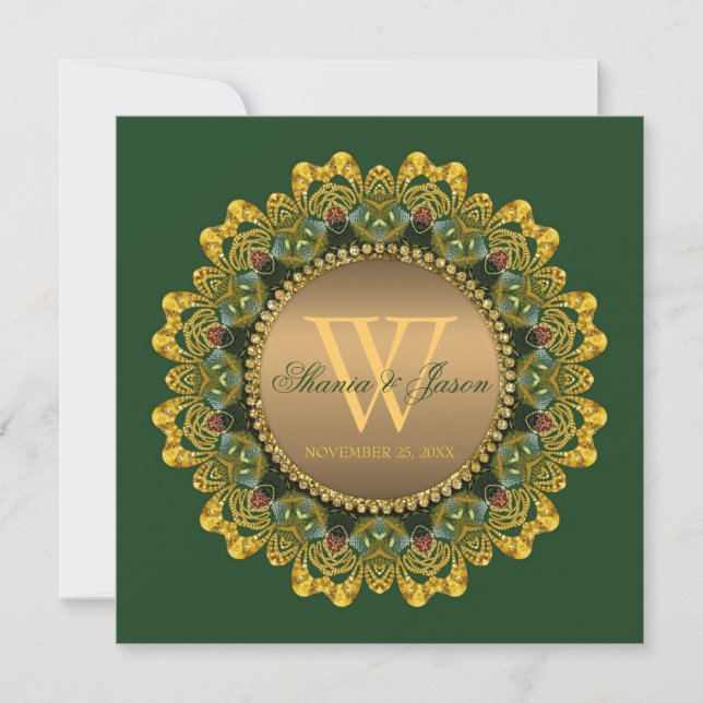 Royal Green und Gold Mandala Lace Wedding Einladung (Vorderseite)