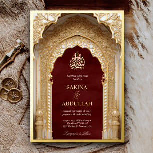Royal Islamic Arch Maroon Red Muslim Wedding Gold Folieneinladung