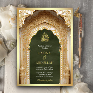Royal Islamic Arch Olive Green Gold Hochzeit Einladung
