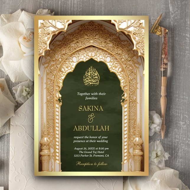 Royal Islamic Arch Olive Green Gold Hochzeit Einladung (Von Creator hochgeladen)
