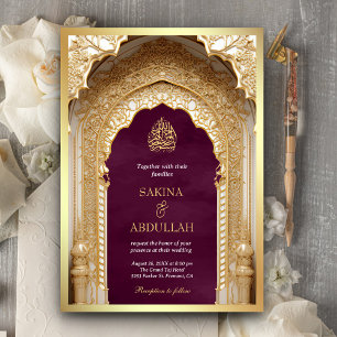 Royal Islamic Arch Plum Gold Muslim Wedding Einladung