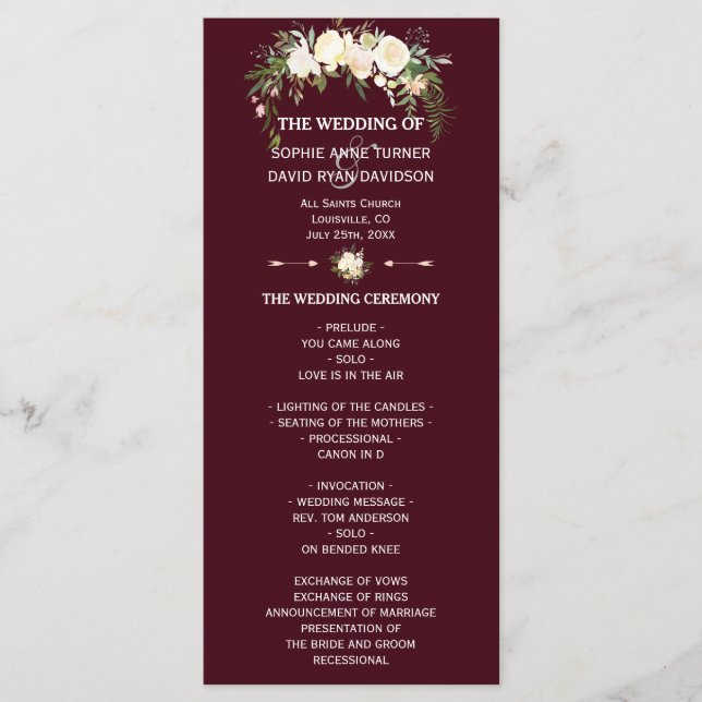 Royal Ivory Floral Bourgogne Programme de mariage (Devant)