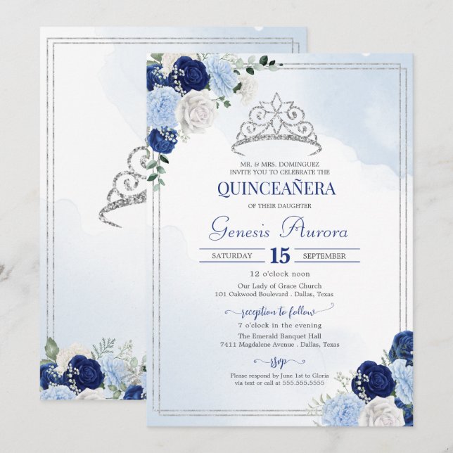 Royal Light Blue Silver Rose Flor Quinceañera Einladung (Vorne/Hinten)