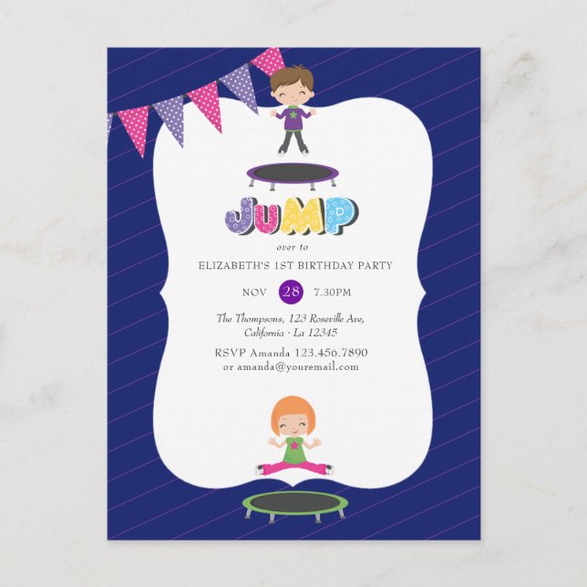 Royal Lila and Blue Trampolin Birthday Party Postkarte (Vorderseite)