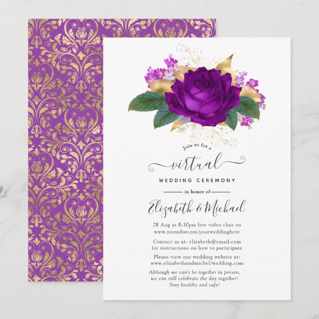 Royal Lila and Gold Floral Virtual Wedding Einladung (Vorne/Hinten)
