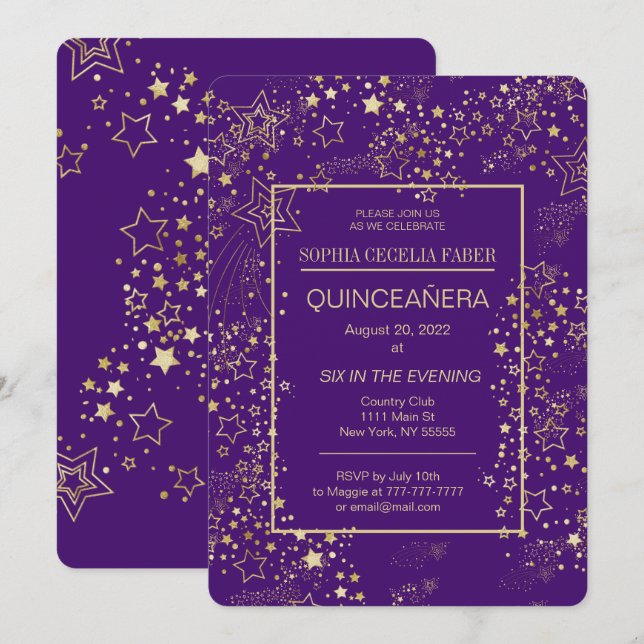 Royal Lila and Gold Quinceñera Party Einladung (Vorne/Hinten)