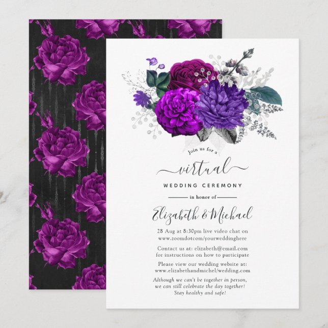 Royal Lila and Silver Floral Virtual Wedding Einladung (Vorne/Hinten)