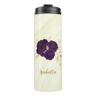 Royal-lila Blumen goldfarbene Blätter Marmor Thermosbecher