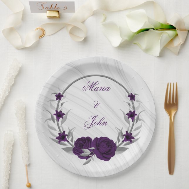 Royal-lila Blumen silberne Blätter Marmor Pappteller (Hochzeit)