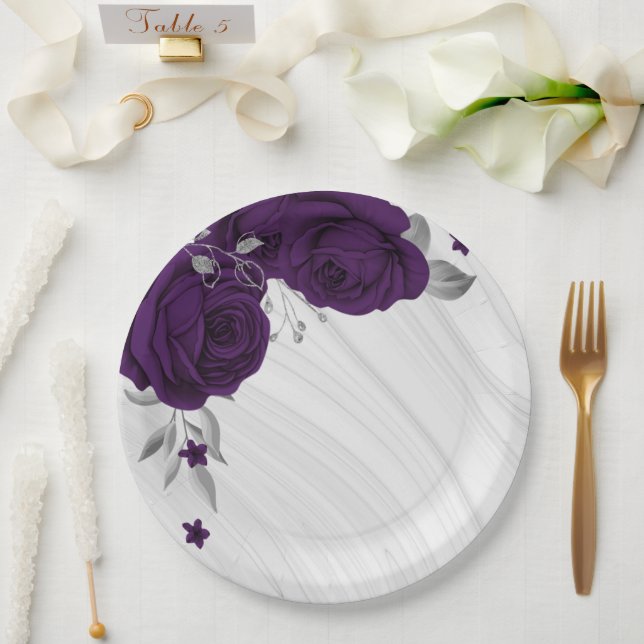 Royal-lila Blumen silberne Blätter Marmor Pappteller (Hochzeit)