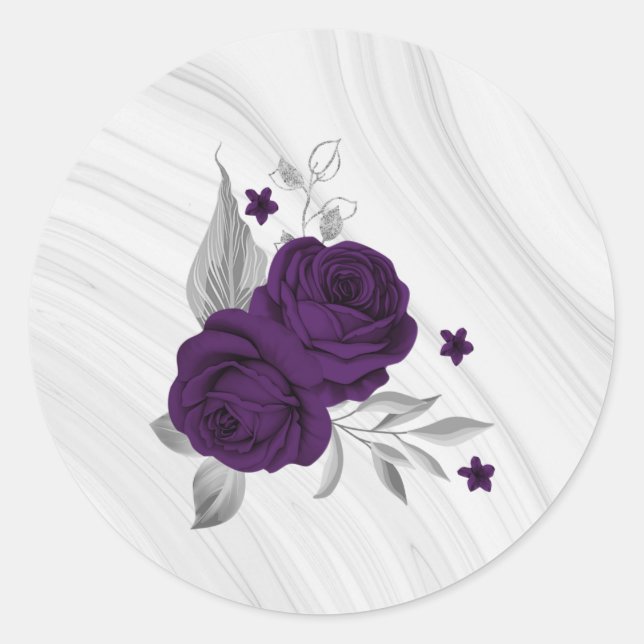 Royal-lila Blumen silberne Blätter Marmor Runder Aufkleber (Vorderseite)