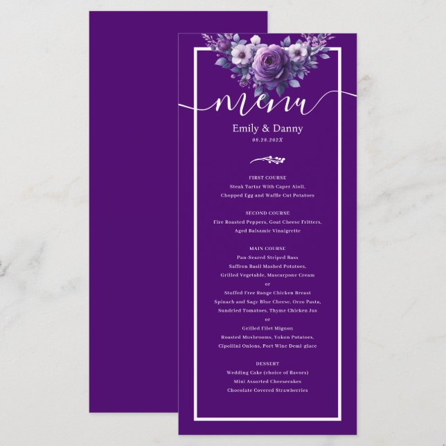 Royal Lila Elegante Violet Botanisches Hochzeitmen Menükarte (Vorne/Hinten)