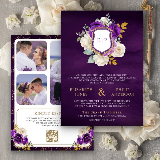 Royal Lila Floral QR Code Foto Wappen Hochzeit Einladung (Von Creator hochgeladen)