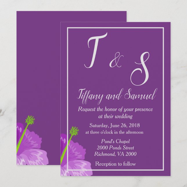 Royal Lila Floral Wedding Einladung (Vorne/Hinten)