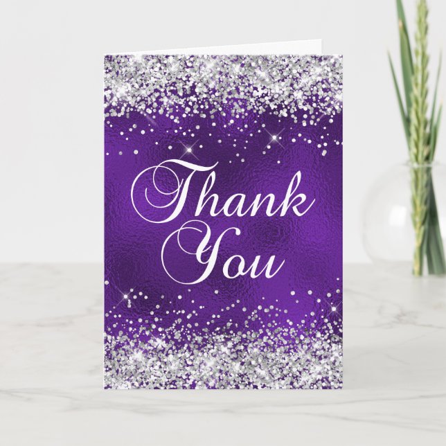 Royal Lila Glass Foil Silver Glitzer Dankeskarte (Vorderseite)