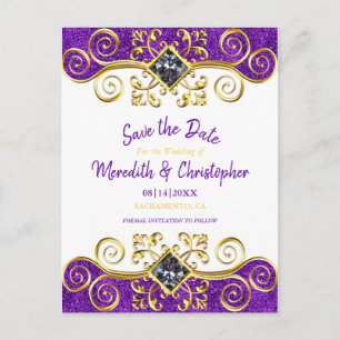 Royal Lila Glitzer Gold Gemstone Save the Date Ankündigungspostkarte
