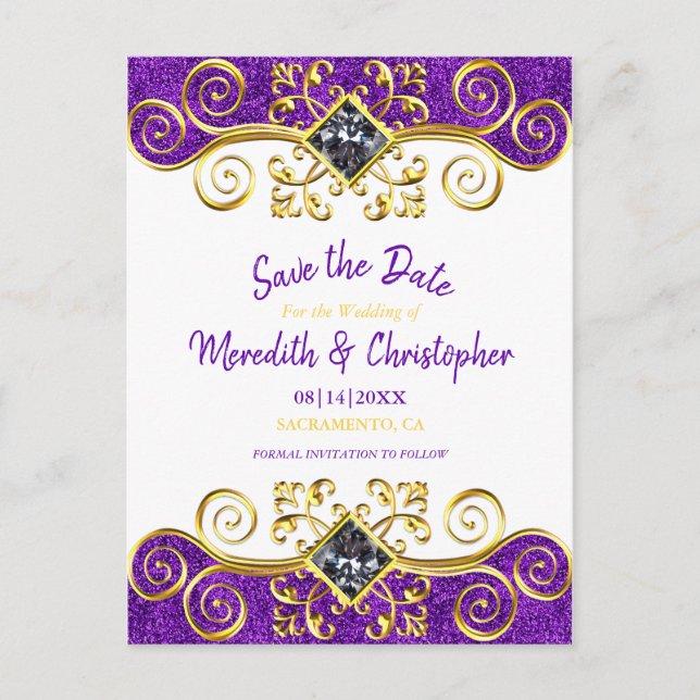 Royal Lila Glitzer Gold Gemstone Save the Date Ankündigungspostkarte (Vorderseite)