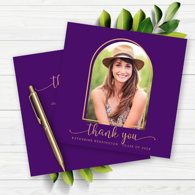Royal Lila Gold Arch Foto Abschluss Vielen Dank (Royal Purple Gold Arch Photo Graduation Thank You Card)
