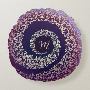 Royal Lila & Gold Damask Monogram Rundes Kissen