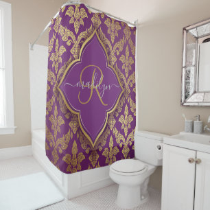 Royal Lila Gold Damask Muster Fleur Monogram Duschvorhang