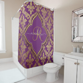 Royal Lila Gold Damask Muster Fleur Monogram Duschvorhang