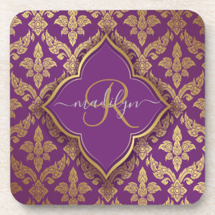 Royal Lila Gold Damask Muster Fleur Monogram Getränkeuntersetzer