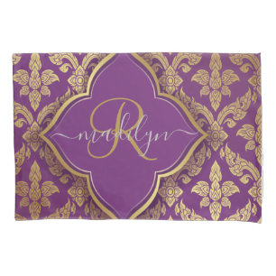 Royal Lila Gold Damask Muster Fleur Monogram Kissenbezug