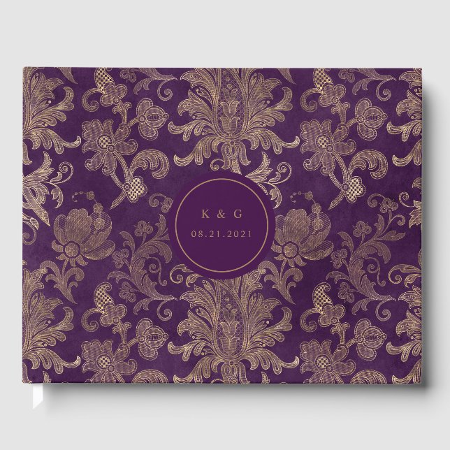 Royal Lila Gold Damask Wedding Guest Book Gästebuch (Vorderseite)