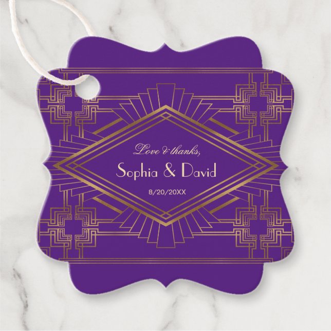Royal Lila Gold Great Gatsby Wedding Geschenkanhänger (Vorderseite)