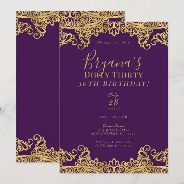 Royal Lila & Gold Lace Dirty 30. Geburtstag Einladung (Vorne/Hinten)
