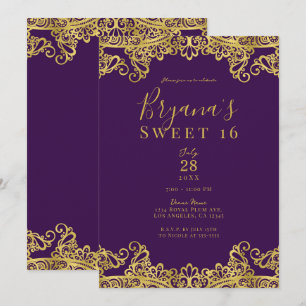 Royal Lila & Gold Lace Elegant Sweet 16 Party Einladung