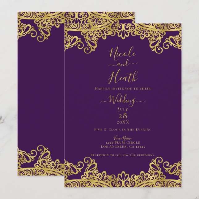 Royal Lila & Gold Lace Elegante Hochzeit Einladung (Vorne/Hinten)
