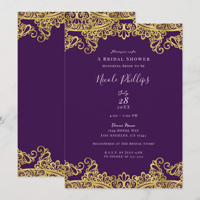 Royal Lila & Gold Lace Elegantes Brautparty Einladung (Vorne/Hinten)