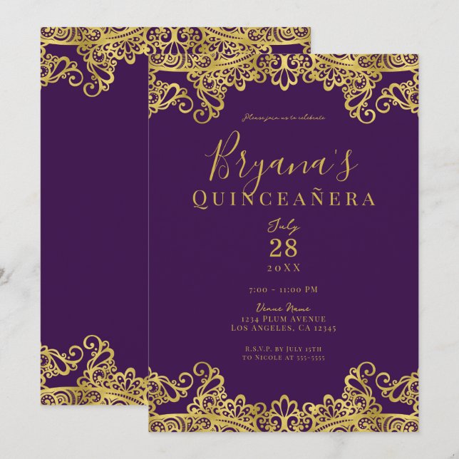 Royal Lila Gold Lace Elegantes Quinceñera Party Einladung (Vorne/Hinten)