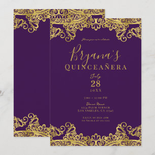 Royal Lila Gold Lace Elegantes Quinceñera Party Einladung