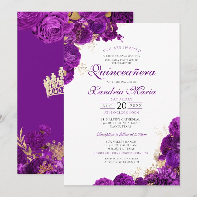 Royal Lila Gold Rose Flora Elegante Villa Saroli Einladung (Vorne/Hinten)