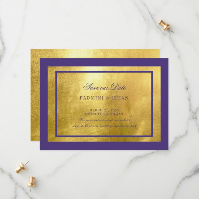 Royal Lila & Gold Wedding rettet das Datum Save The Date (Vorderseite/Rückseite Beispiel)
