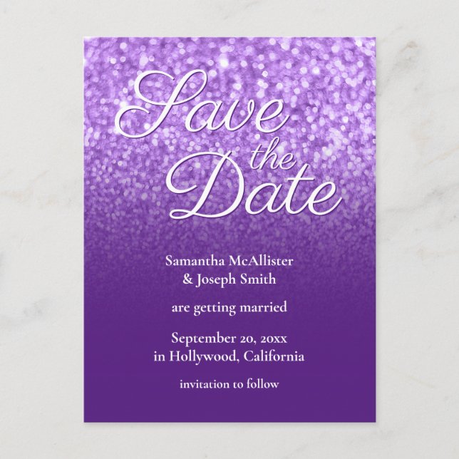 Royal Lila Ombre Bokeh Glitzer Save the Date Postkarte (Vorderseite)