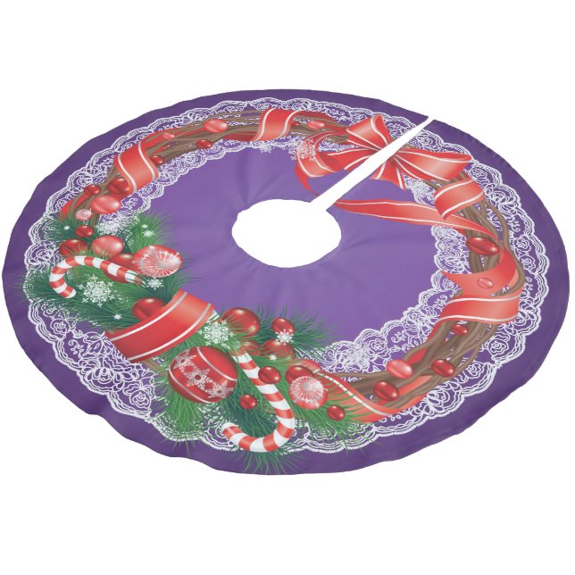 Royal Lila Ombre und Lace mit Weihnachtskranz Polyester Weihnachtsbaumdecke (Schrägansicht)