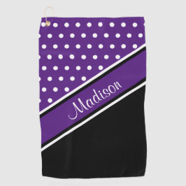 Royal Lila Polka Dot Black Diagonal Script Name Golfhandtuch