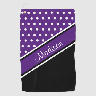 Royal Lila Polka Dot Black Diagonal Script Name Golfhandtuch