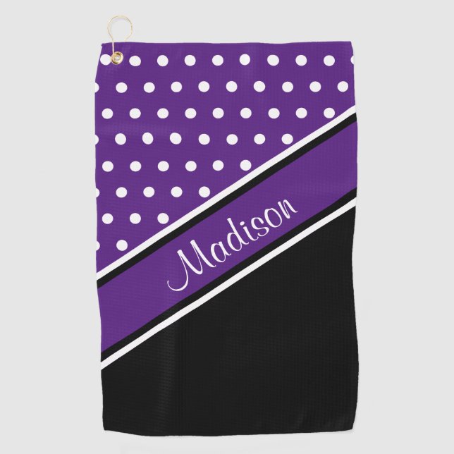 Royal Lila Polka Dot Black Diagonal Script Name Golfhandtuch (Vorderseite)