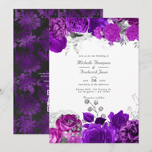 Royal Lila & Silver Floral Wedding QR Code UAwg Einladung (Vorne/Hinten)