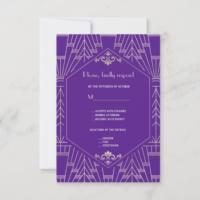 Royal Lila Silver Great 20s Wedding RSVP Karte (Vorderseite)
