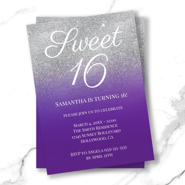 Royal Lila Silver Ombre Glitzer Sweet 16 Einladung (Royal Purple Silver Ombre Glitter Sweet 16 Invitation)