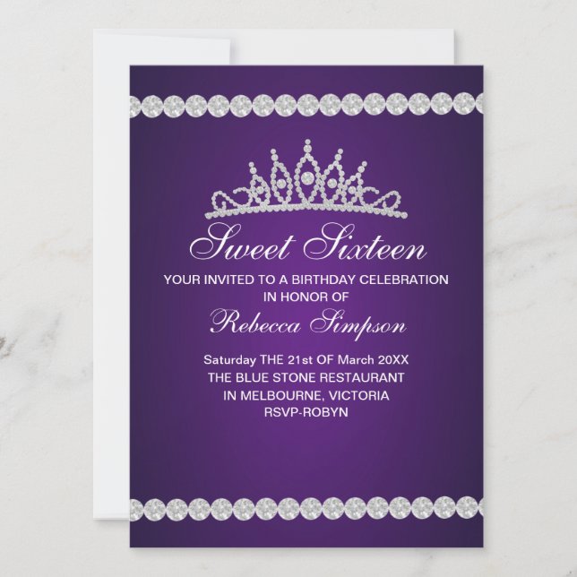 Royal Lila Tiara Einladung zum Geburtstag (Vorderseite)