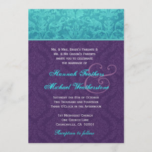 Royal Lila und Aqua Blue Damask Hochzeit Metallic Einladung