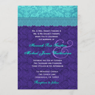 Royal Lila und Aqua Blue Damask Wedding G500A Einladung