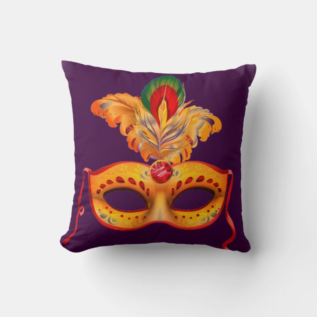 Royal Lila und gelb Federmaske Masquerade Kissen (Vorderseite)