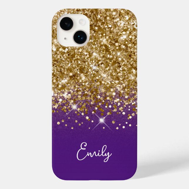 Royal Lila und Gold Glitzer Glam Case-Mate iPhone 14 Plus Hülle (Rückseite)